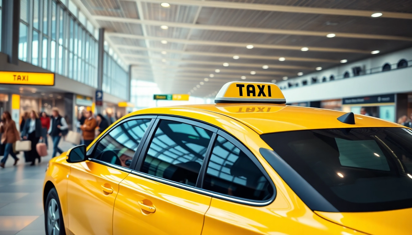 Taxi at Gatwick Airport welcoming travelers amidst busy terminal atmosphere.