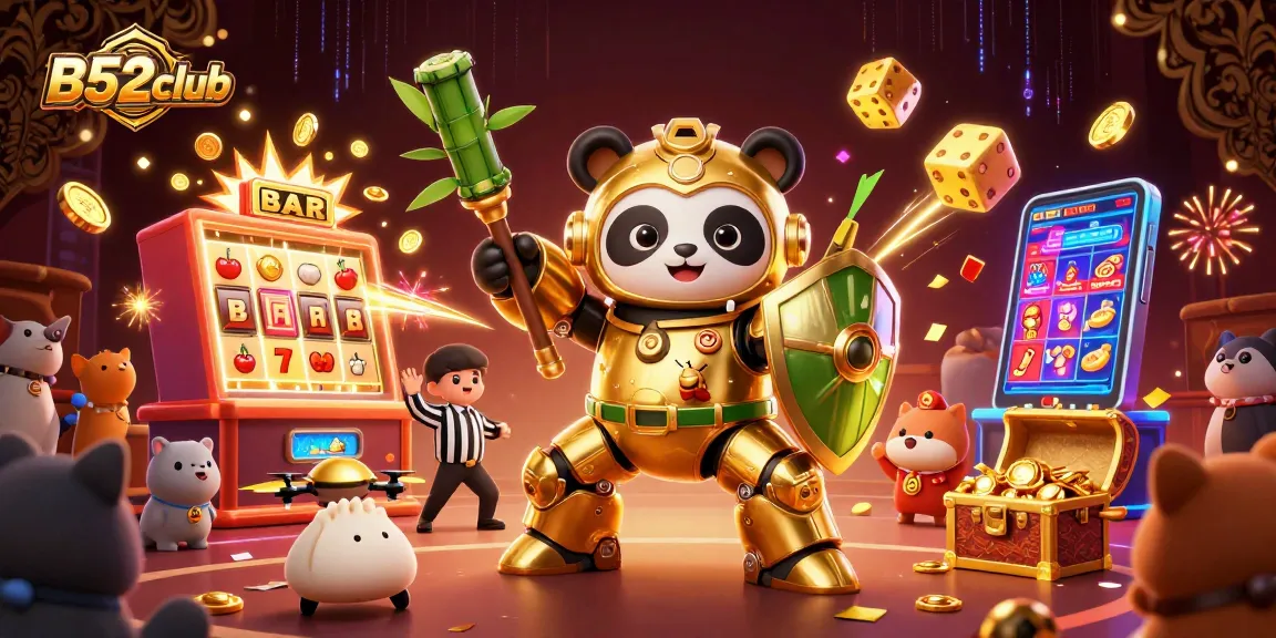 B52club showcases thrilling gameplay with a golden panda in a mech-suit battling in a vibrant casino arena.