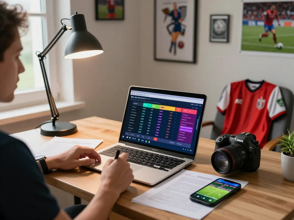 Engaged bettor using 1gom for football odds analysis in a modern home office.