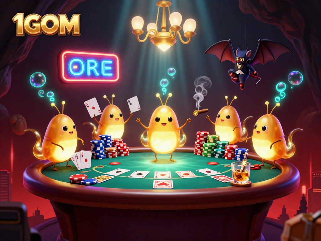 Experience thrilling gameplay at 1GOM with a vibrant, bioluminescent cave casino illuminated by glowworms.