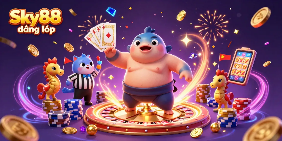 Win big with Sky88 đăng nhập as a 3D blowfish sumo in a vibrant casino scene.