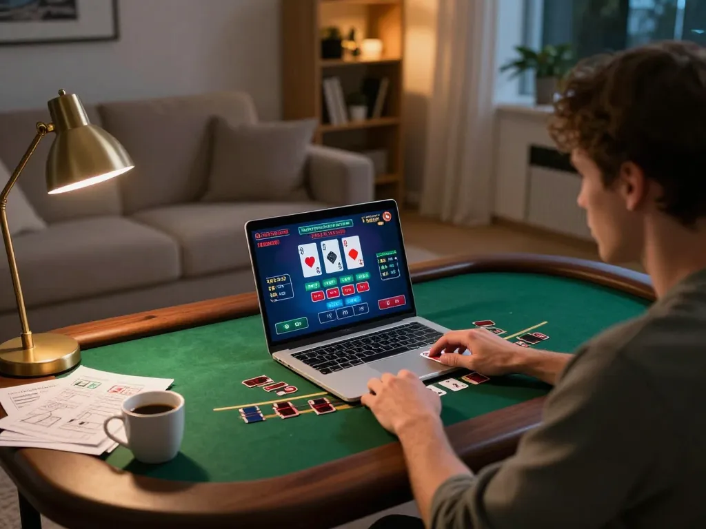 Engaging in online blackjack at trang chủ HM88 from a cozy living room, showcasing strategy notes and a laptop screen.