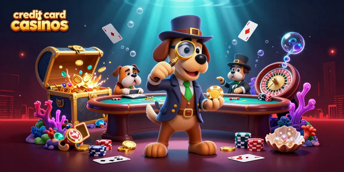 Engaging scene of a detective and bulldog exploring poker chips clues in credit card casinos.