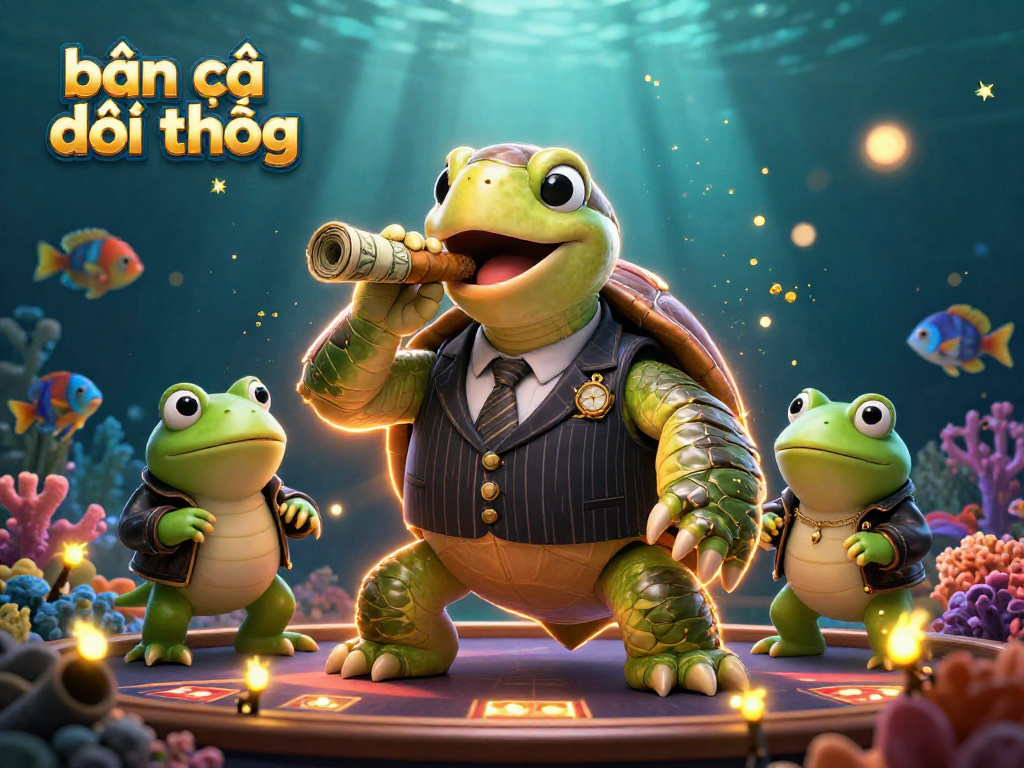 Bắn cá đổi thưởng game scene featuring a cartoon turtle and bullfrogs amidst vibrant underwater visuals.