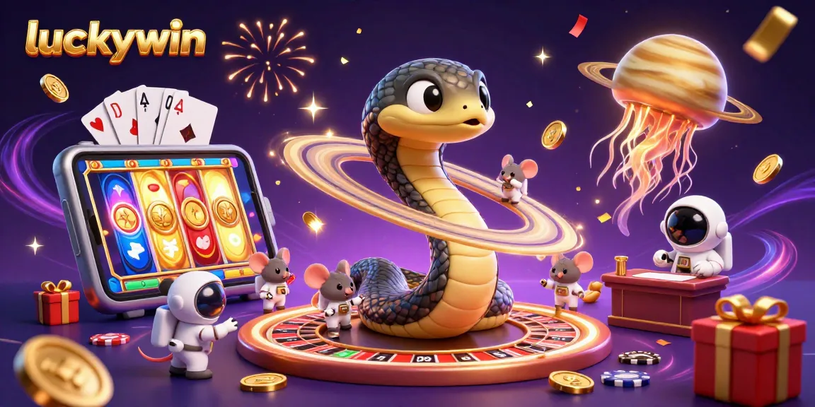 Luckywin's cosmic casino scene with colorful games and interactive elements for an engaging experience.