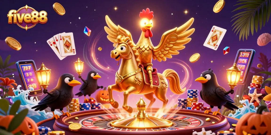 Experience the vibrant excitement of five88's casino with golden rooster characters and dynamic gaming elements.
