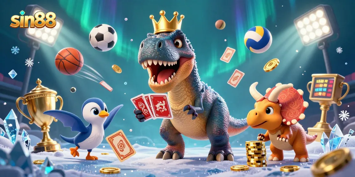 Experience the excitement of sin88 with a T-Rex dealing cards and colorful casino elements around.