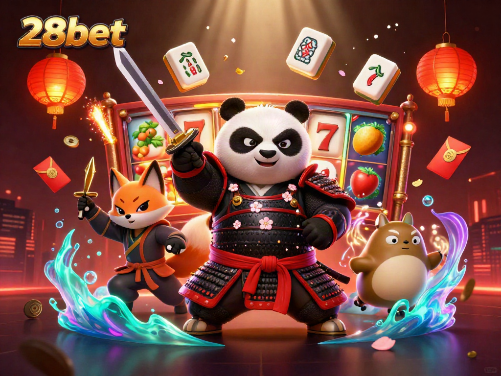 Unleashing excitement at 28bet with vibrant slot reels, samurai panda, and golden shuriken.