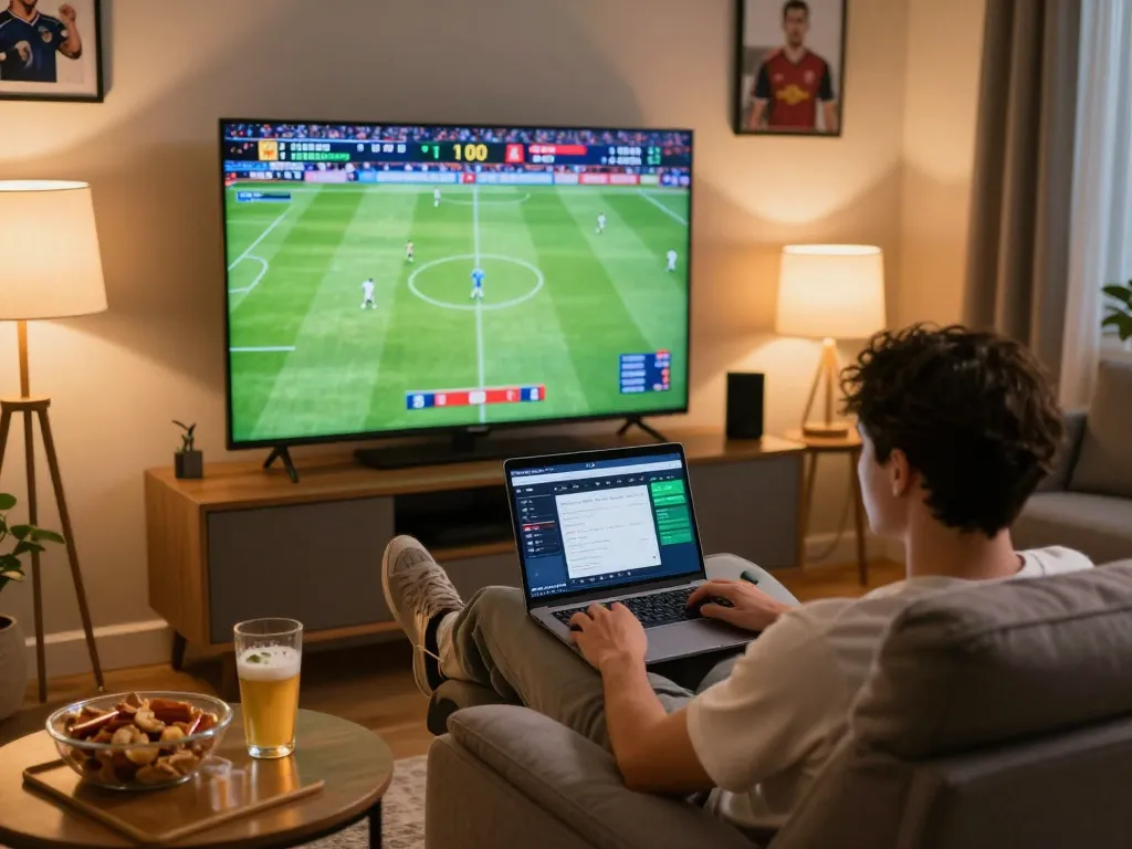 KQBD user actively engaged in sports betting, analyzing scores and odds in a vibrant home environment.