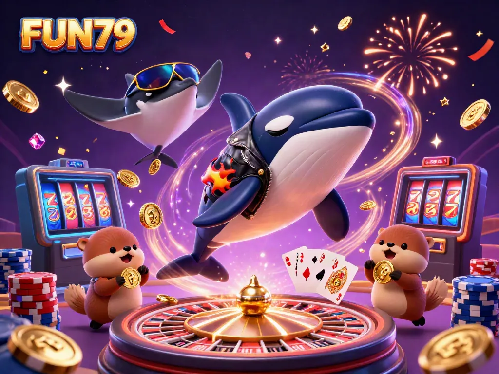 FUN79 features engaging characters like a whale and otters amidst vibrant casino elements in a festive scene.