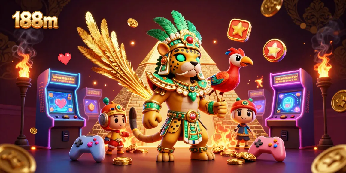 Experience the vibrant 188m casino adventure with a Mayan priest, colorful arcade elements, and dynamic game action.