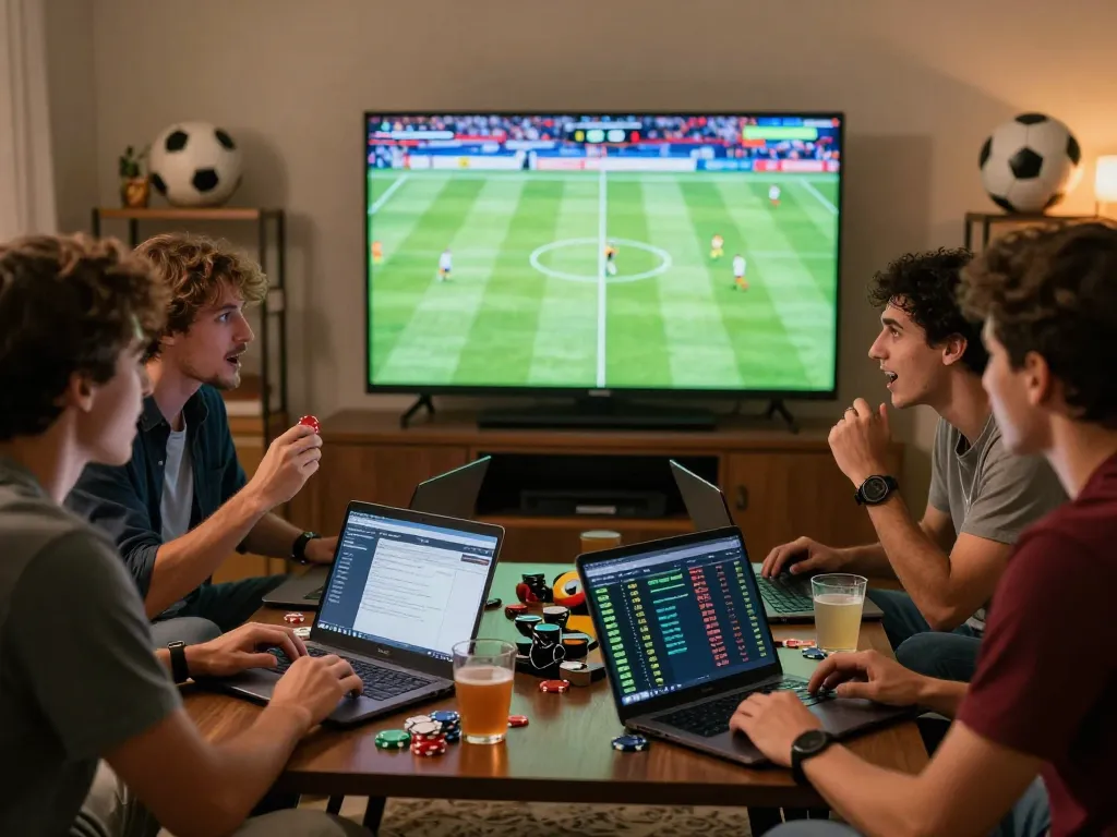Kèo nhà cái scene with friends engaged in live betting during a football game, showcasing excitement and strategy.