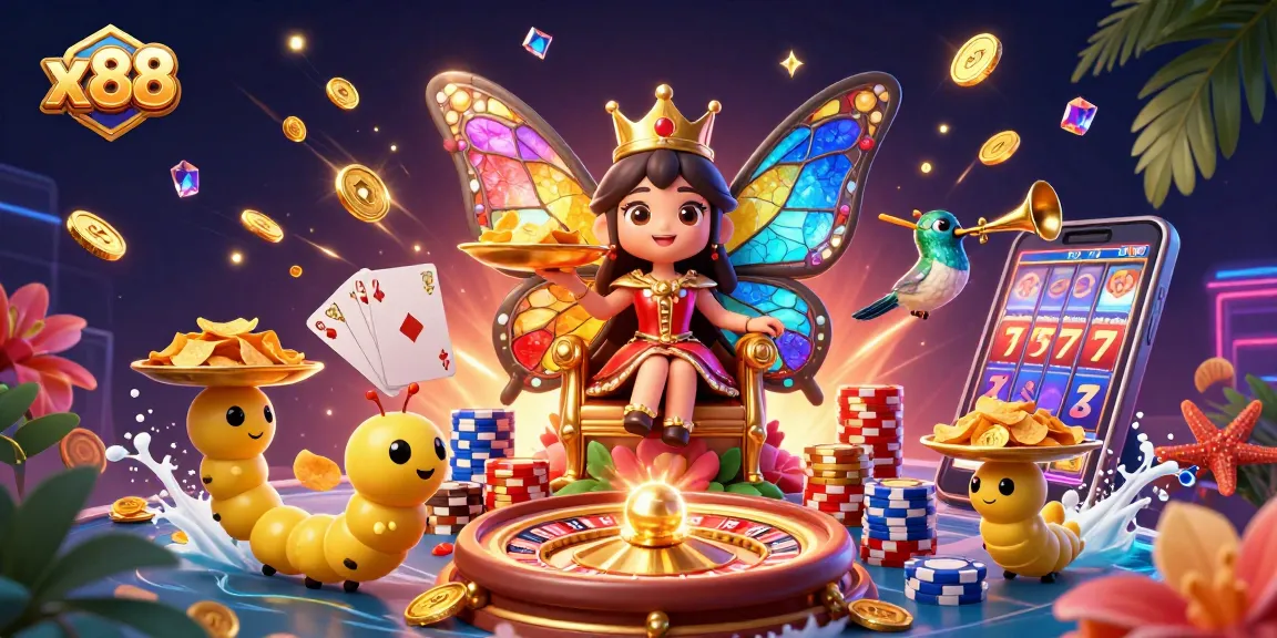 Experience thrilling gaming at x88 with dazzling cartoon characters and vibrant casino elements.