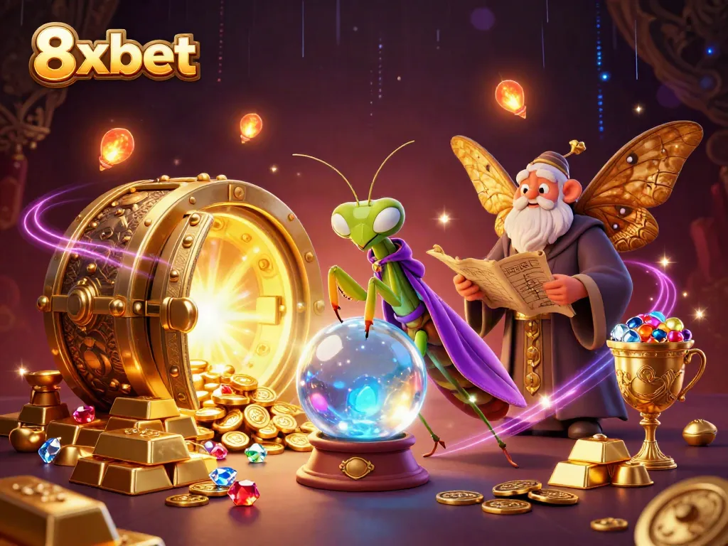 8xbet showcases a mystical fortune teller and librarian amidst treasures in an enchanting casino scene.
