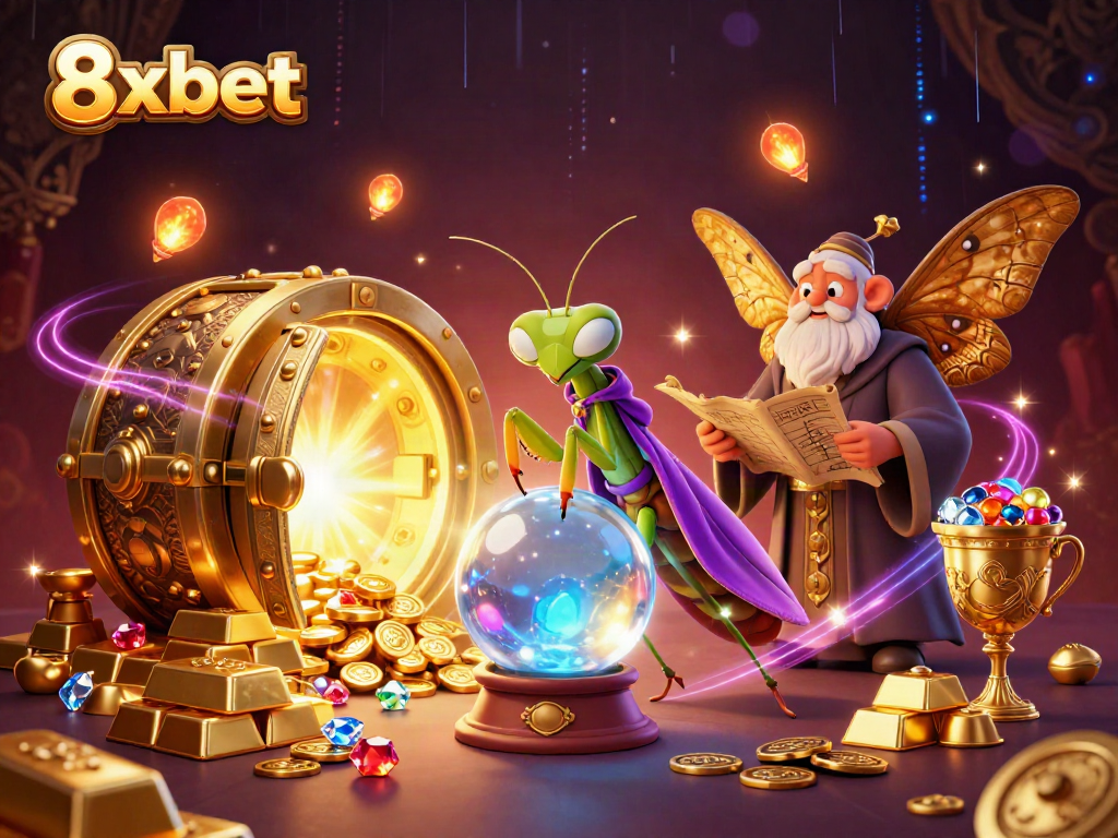 8xbet showcases a mystical fortune teller and librarian amidst treasures in an enchanting casino scene.