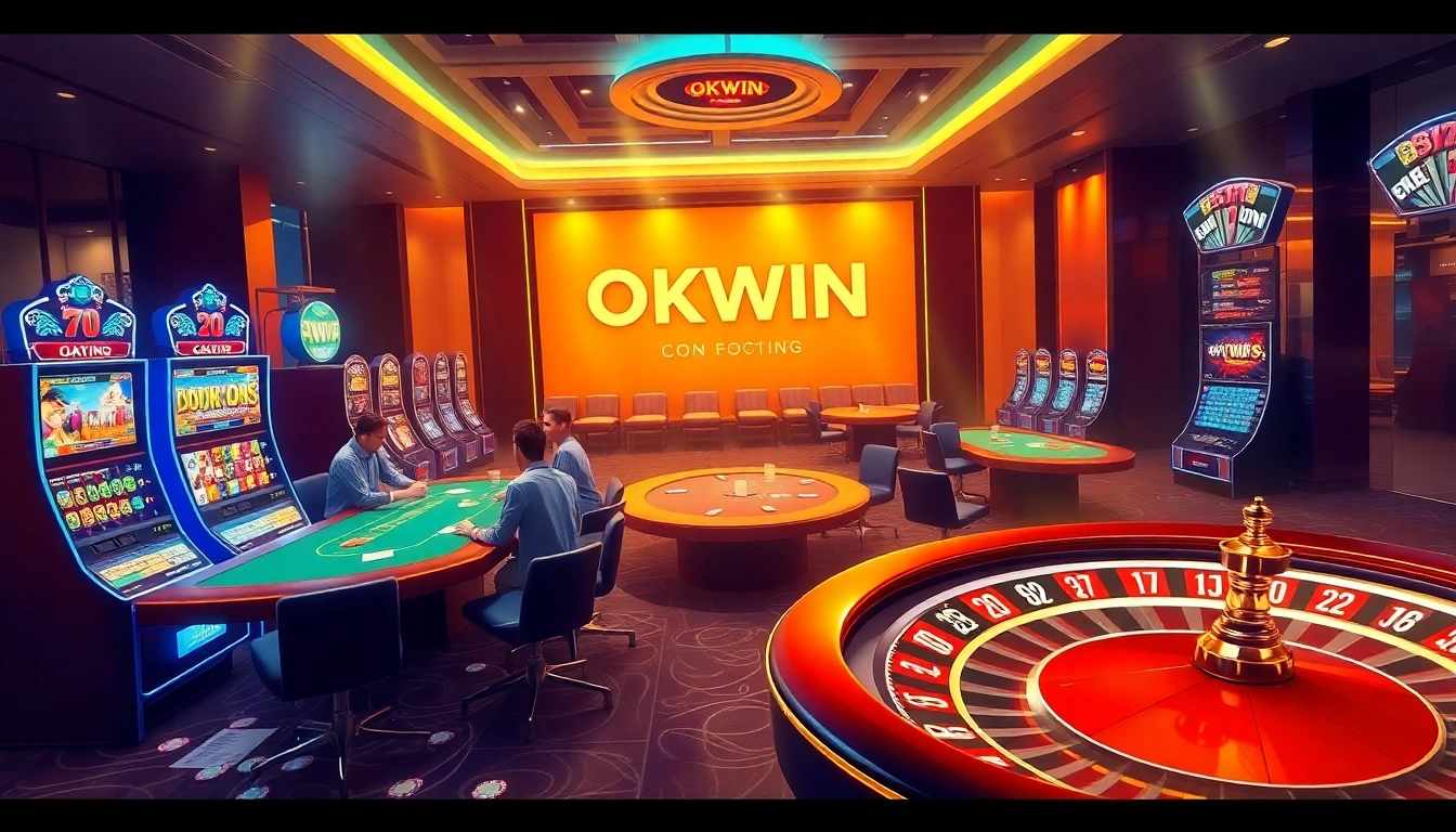 Players enjoying the OKWIN casino experience at a vibrant online gaming table.