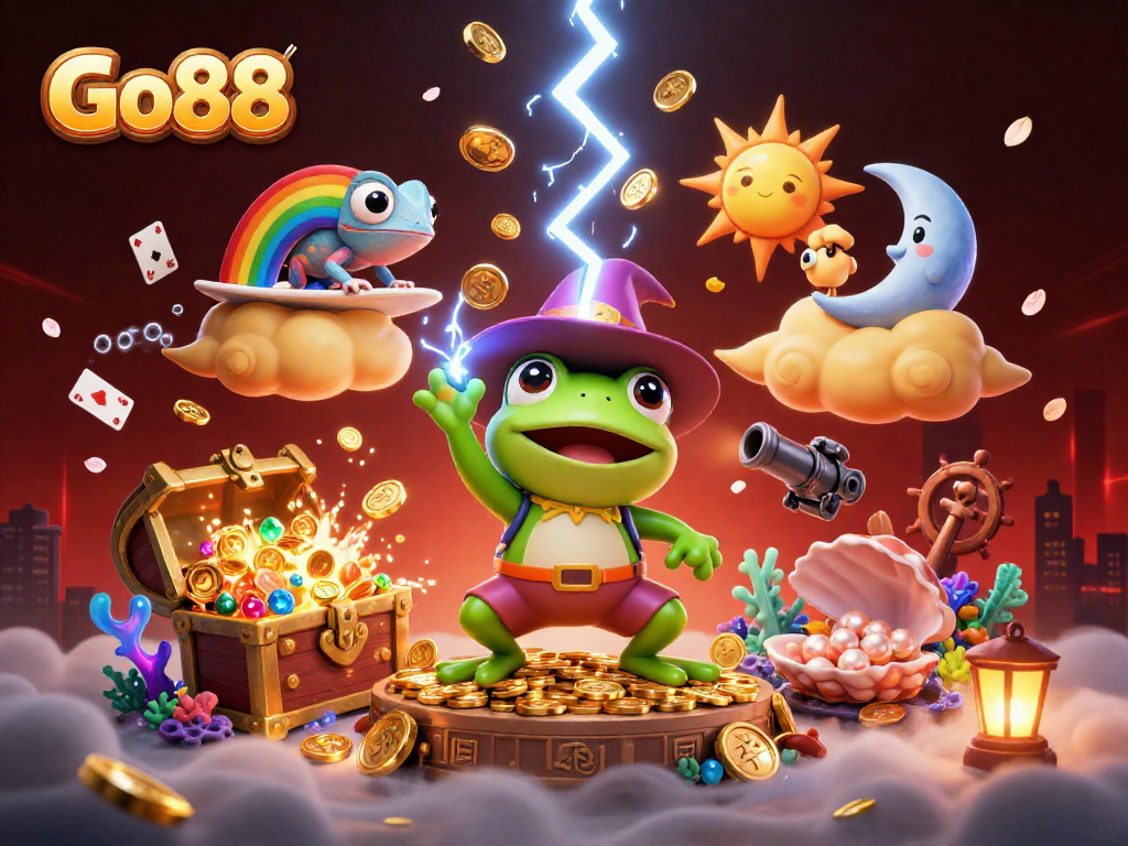 Go88 players enjoy winning a storm of treasure in this vibrant 3D casino illustration.
