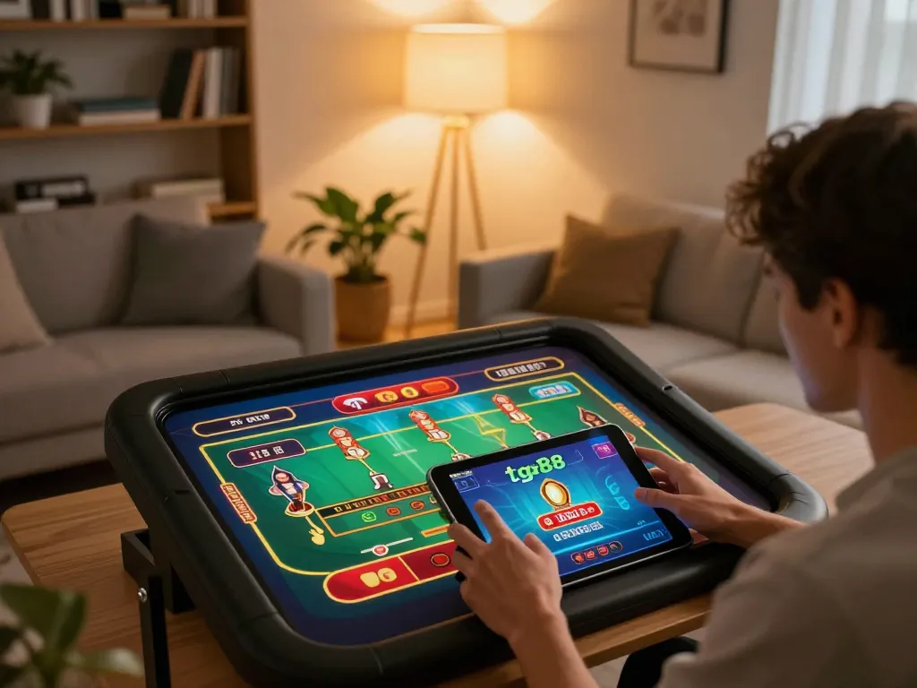 Engaging with tg88 in a modern home gaming setup shows real-time casino action on a tablet
