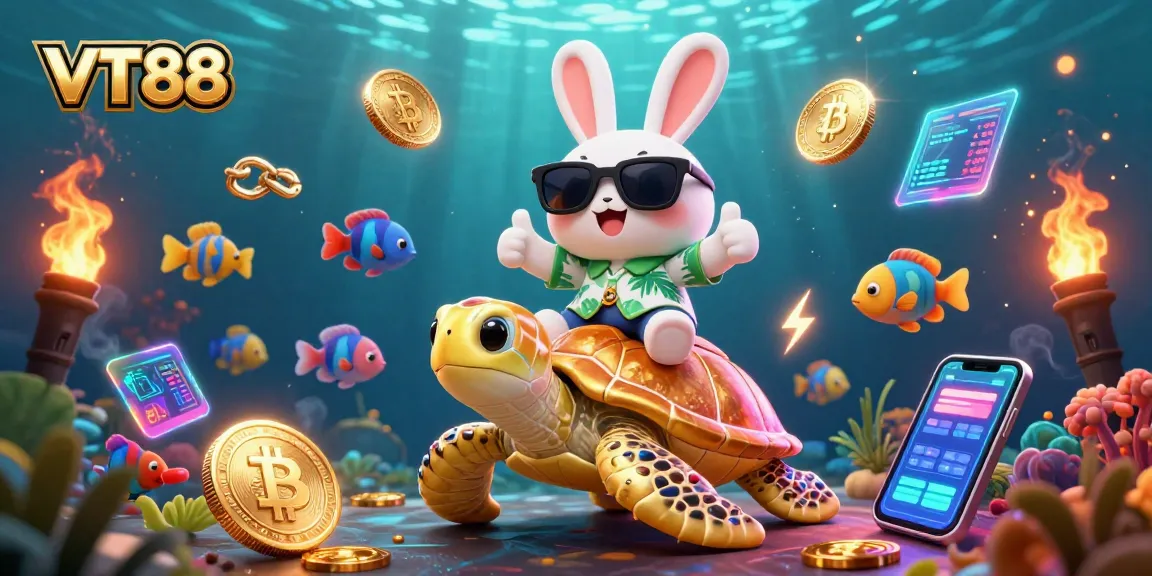 Win big with VT88 at this vibrant casino scene featuring lucky rabbit and turtle.