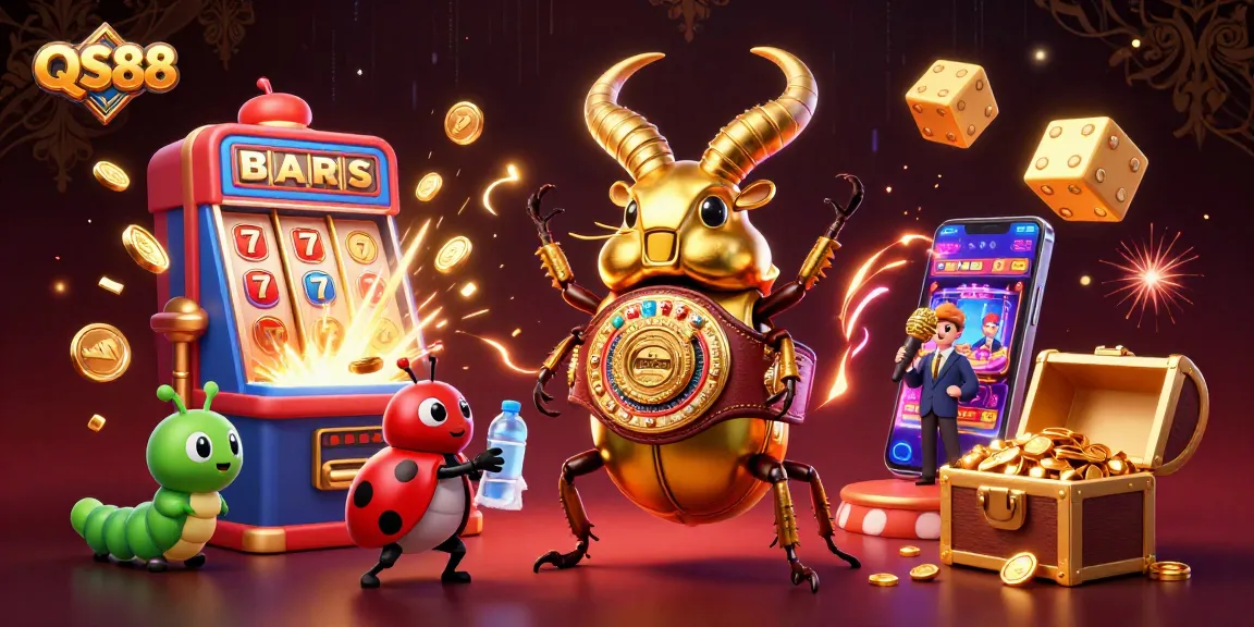 Experience thrilling action at QS88 with a dynamic scene featuring a boxing beetle champion amidst exciting casino elements.