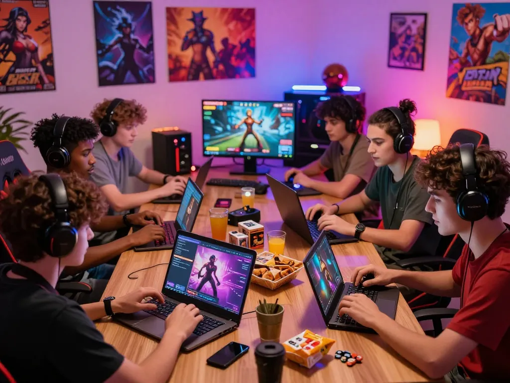 Engaged players enjoying a lively multiplayer porn game session on various devices, showcasing a fun gaming atmosphere.