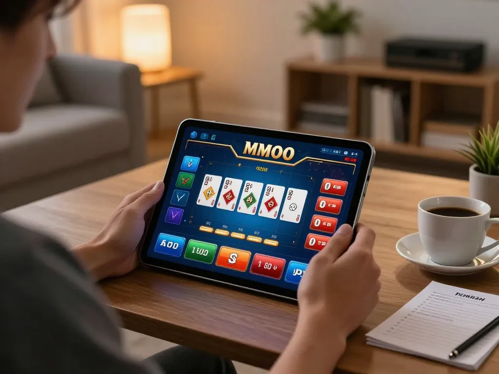 Player engaging with MMOO casino app on tablet in cozy home setting, emphasizing strategic gameplay.