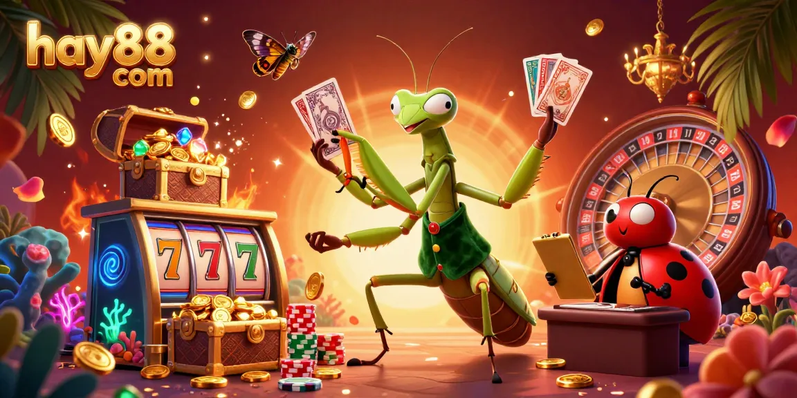 Engage and win at hay88 com with a vibrant scene featuring a giant praying mantis card sharp in a casino setting.