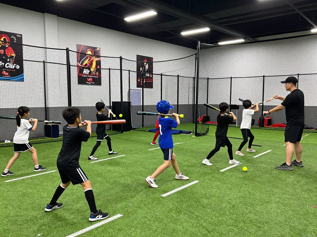 Young athletes training at Hit Club's indoor facility, focused on improving baseball skills.