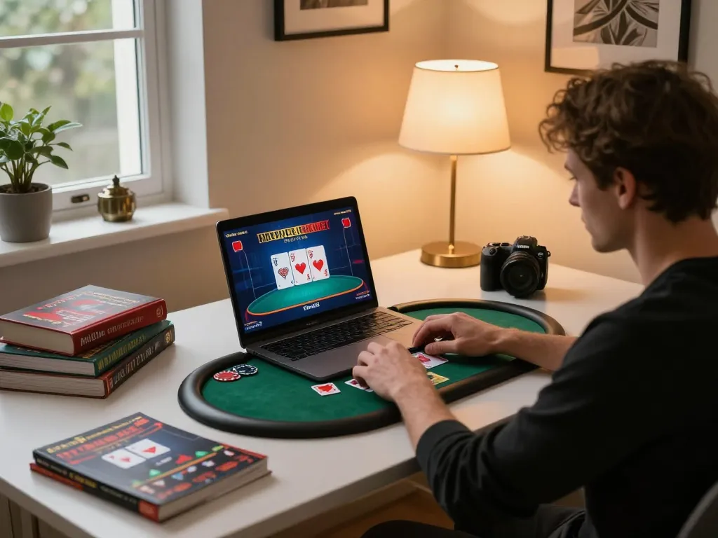 Player enjoying an online poker game at home with tg88 interface visible on screen, showcasing a strategic approach to gaming.