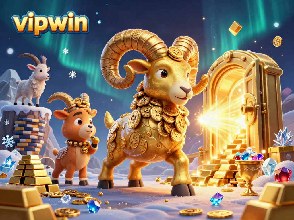 Experience the excitement of vipwin with a dynamic scene featuring a golden ram charging towards treasure.