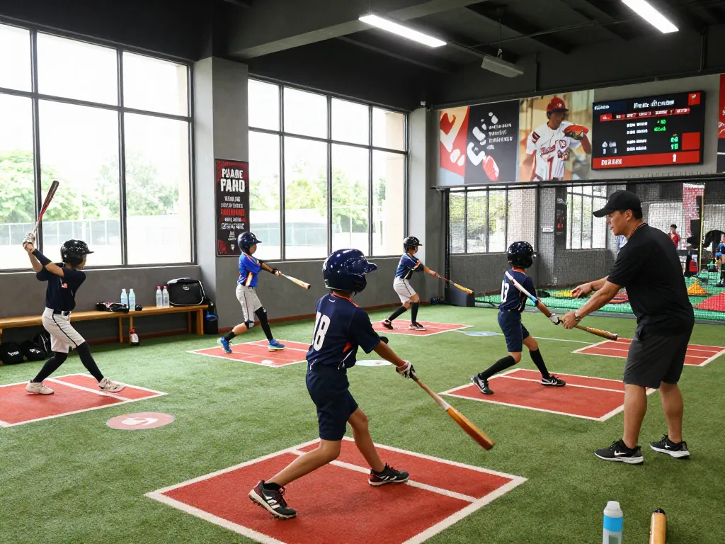 Hitclub baseball training scene with young athletes practicing swings and a coach giving feedback in a bright facility.