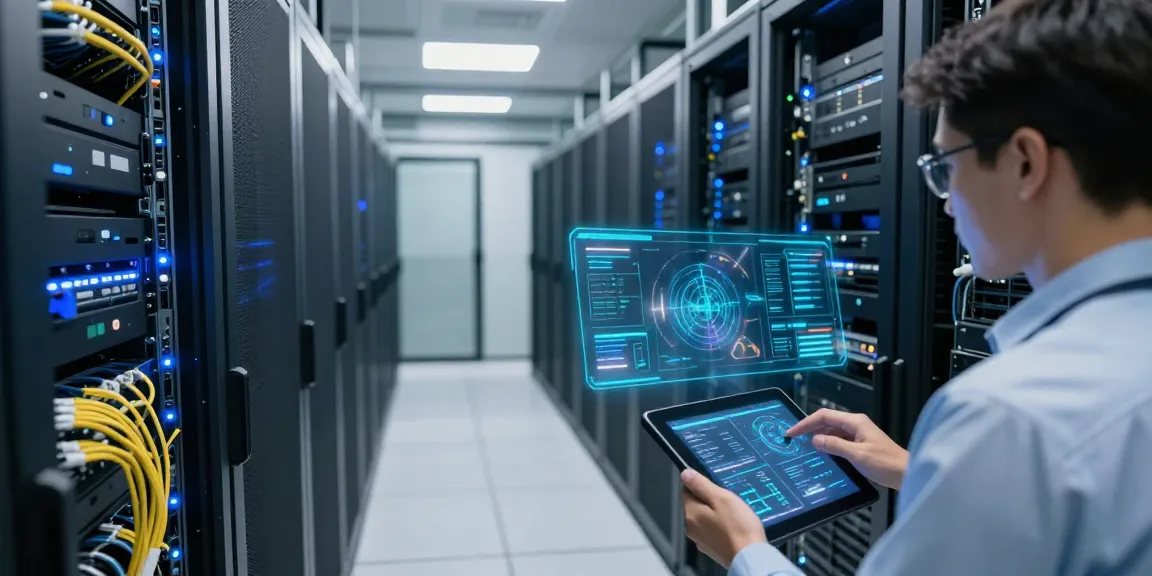 Network vulnerability assessment in a high-tech data center with illuminated servers and digital displays.