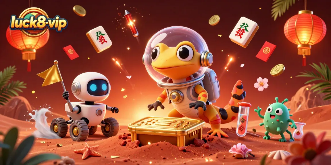 Explore the excitement with luck8-vip as a Martian gecko uncovers a golden casino among vibrant gambling elements.