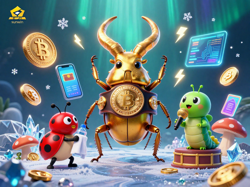 Experience sunwin with exciting 3D casino illustration featuring a boxing beetle and crypto elements.
