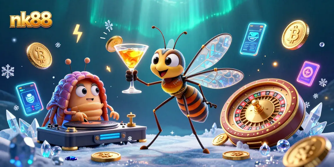 Experience exciting games at nk88 with a vibrant 3D illustration of unique casino characters.