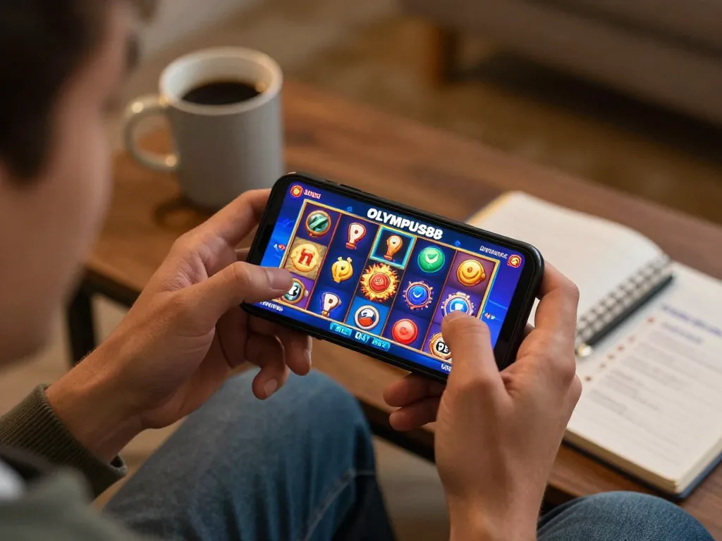 Engaging with the OLYMPUS88 slot game on a smartphone while enjoying a cozy home atmosphere.