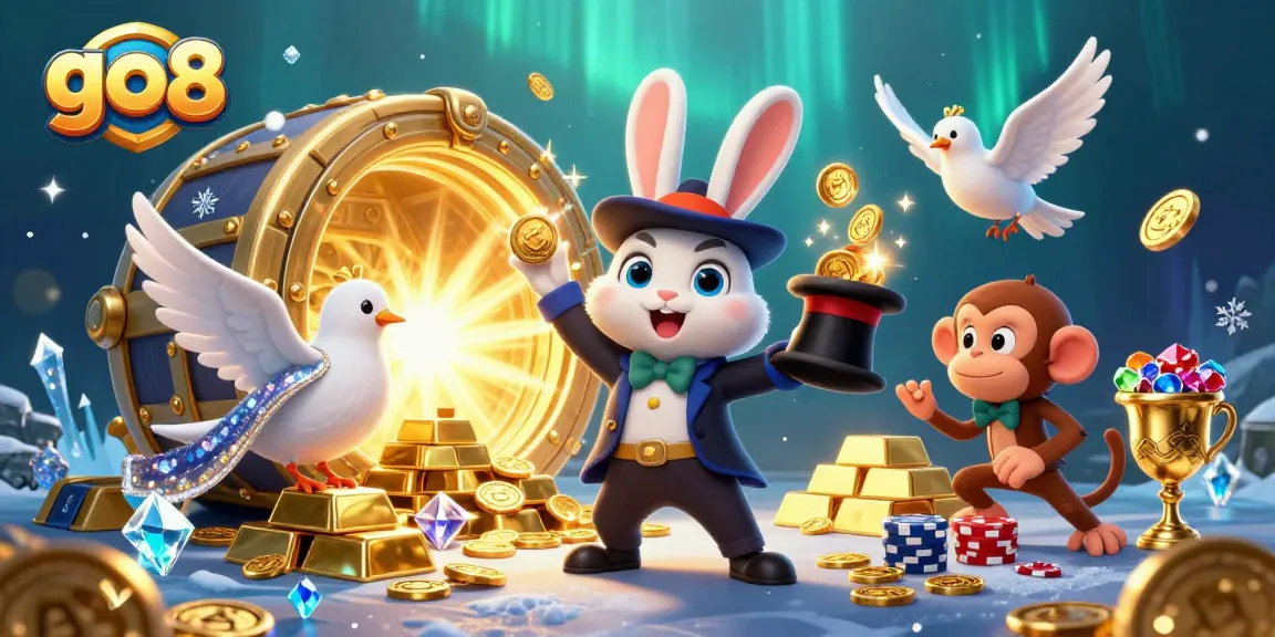 Engage in thrilling go8 gaming with a magical rabbit pulling coins in an energetic casino scene.
