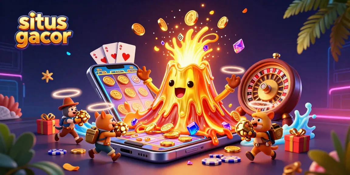 Experience exhilarating gameplay with situs gacor as treasures erupt from a golden volcano amidst colorful slot game elements.