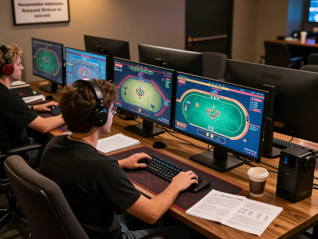 TG88 player engaging in an online poker match at a well-organized gaming setup, showcasing competitive gameplay.