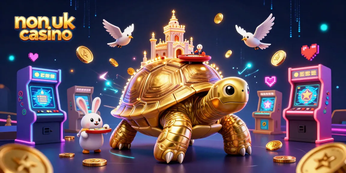 Experience the excitement of the non UK casino with a vibrant, animated scene featuring a golden tortoise and a rabbit dealer.