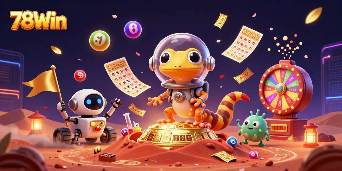 Experience 78Win's exciting casino atmosphere with a vibrant scene of animated characters and dynamic gambling elements.