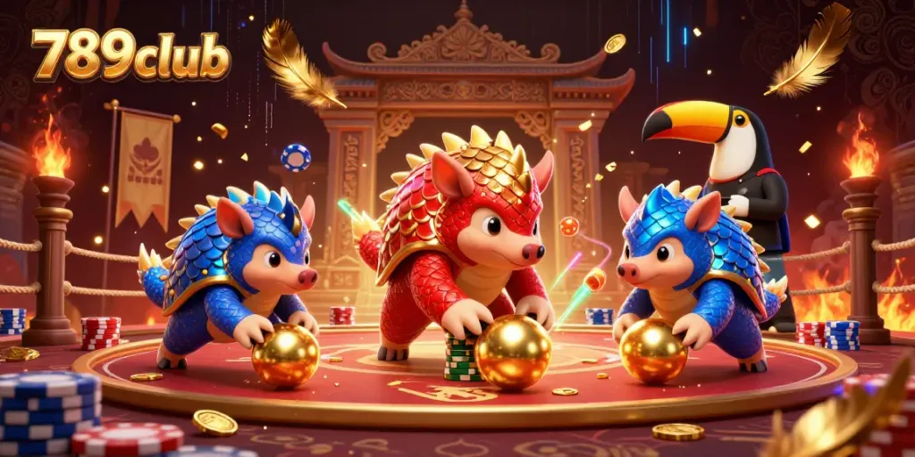 Experience thrilling gameplay at 789club with rival pangolins battling amidst poker chips and gold coins.