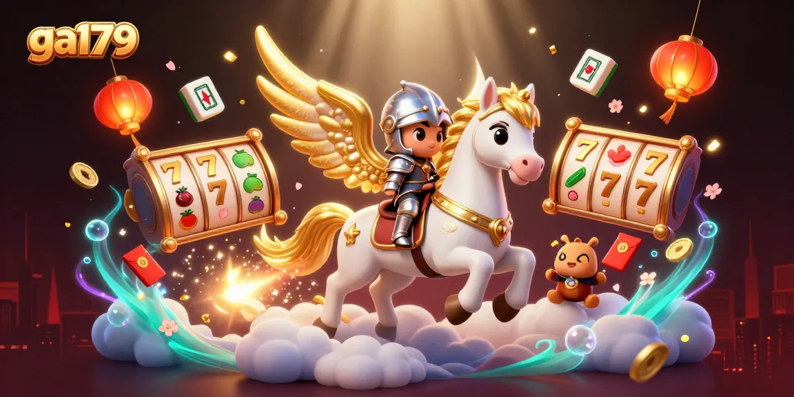 Experience the excitement of ga179 with dynamic slot reels and festive elements in a lively casino scene.