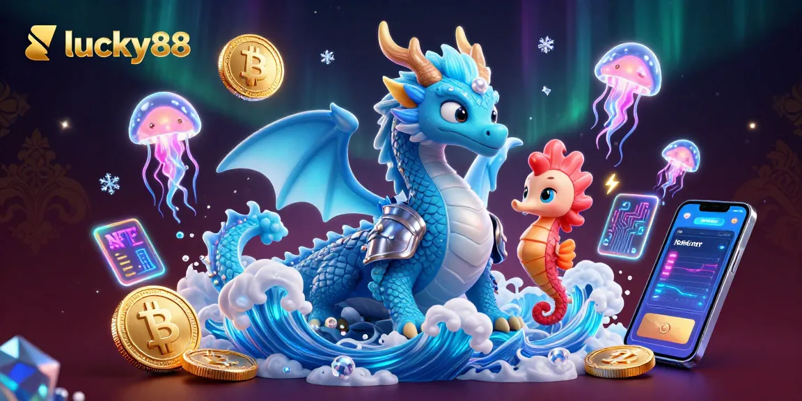 Join the excitement at lucky88 with a captivating 3D scene featuring a majestic water dragon and vibrant casino elements.
