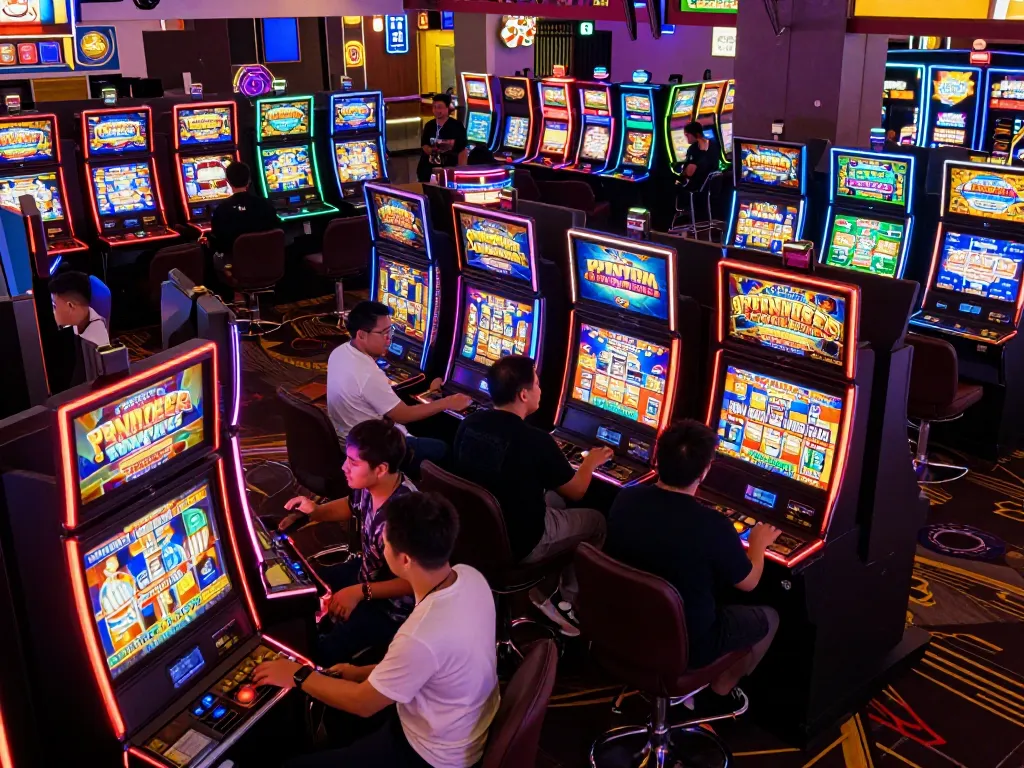 Engaged players enjoying Slot Malaysia at a vibrant casino, colorful slot machines and excitement in the air.
