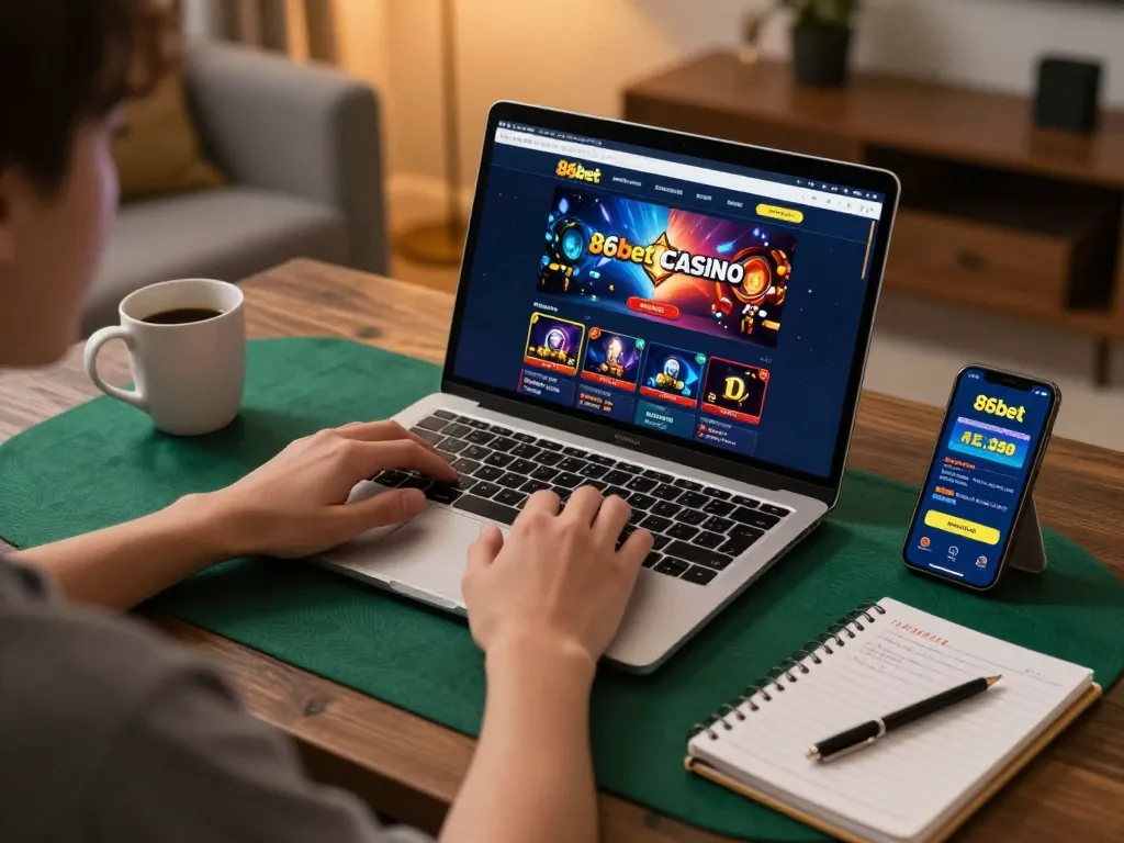 Engaged player using 86bet on laptop in cozy home setup, showcasing online gambling excitement.