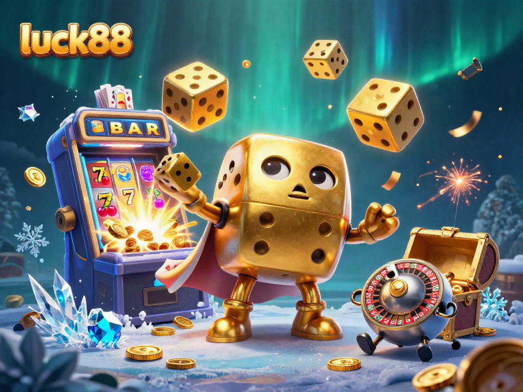 Experience luck88 with a vibrant gambling scene featuring golden dice and slot machines.
