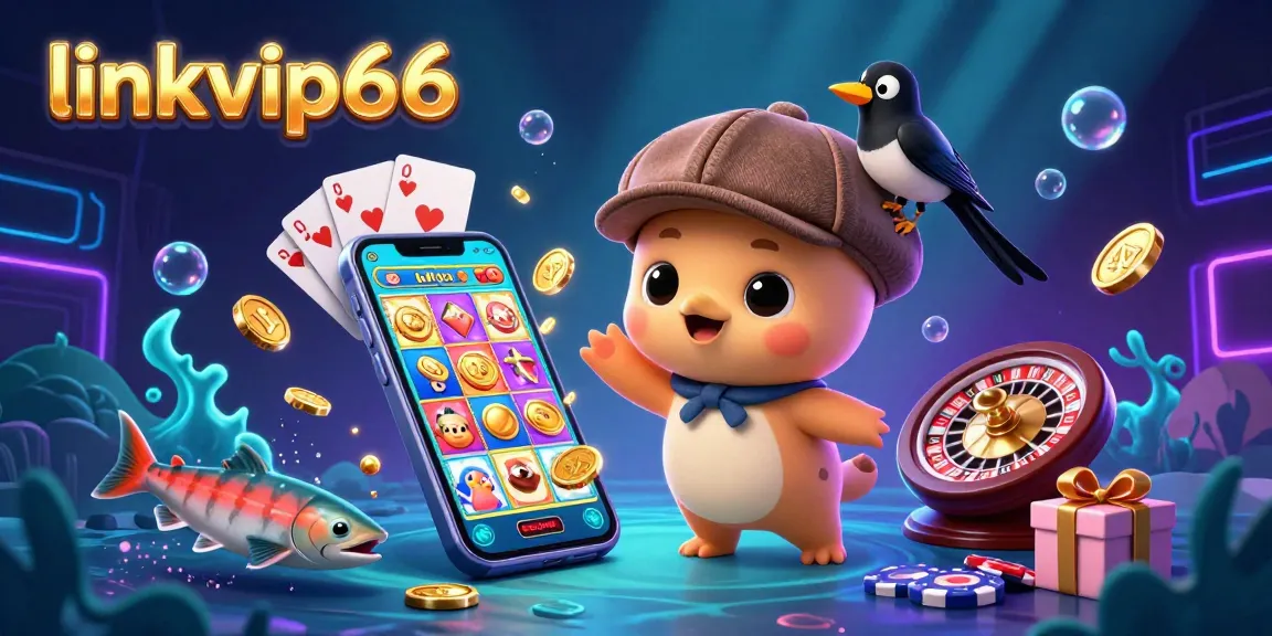 Experience exciting games at linkvip66 with cartoon Nessie and a magpie in a vibrant casino setting.