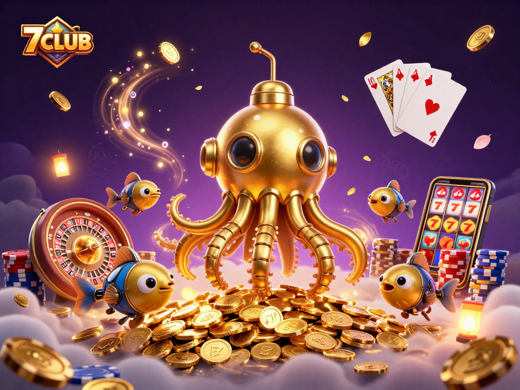 Experience thrilling gameplay at 7CLUB with a vibrant scene of a golden kraken submarine surrounded by casino elements.