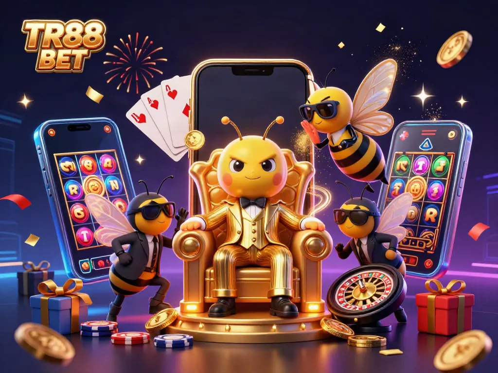 Engage with TR88 BET at a vibrant online casino scene featuring dynamic game elements and animated characters.